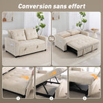 Canapé convertible 2 places canapé-lit en velours côtelé 157x190cm dossier réglable poches latérales et 2 coussins crème