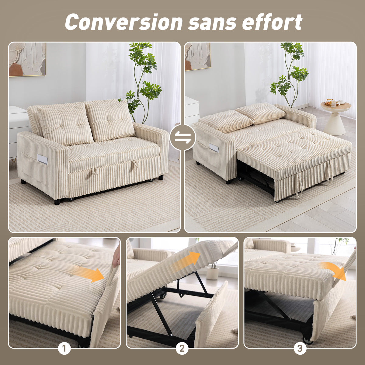 Canapé convertible 2 places canapé-lit en velours côtelé 157x190cm dossier réglable poches latérales et 2 coussins crème