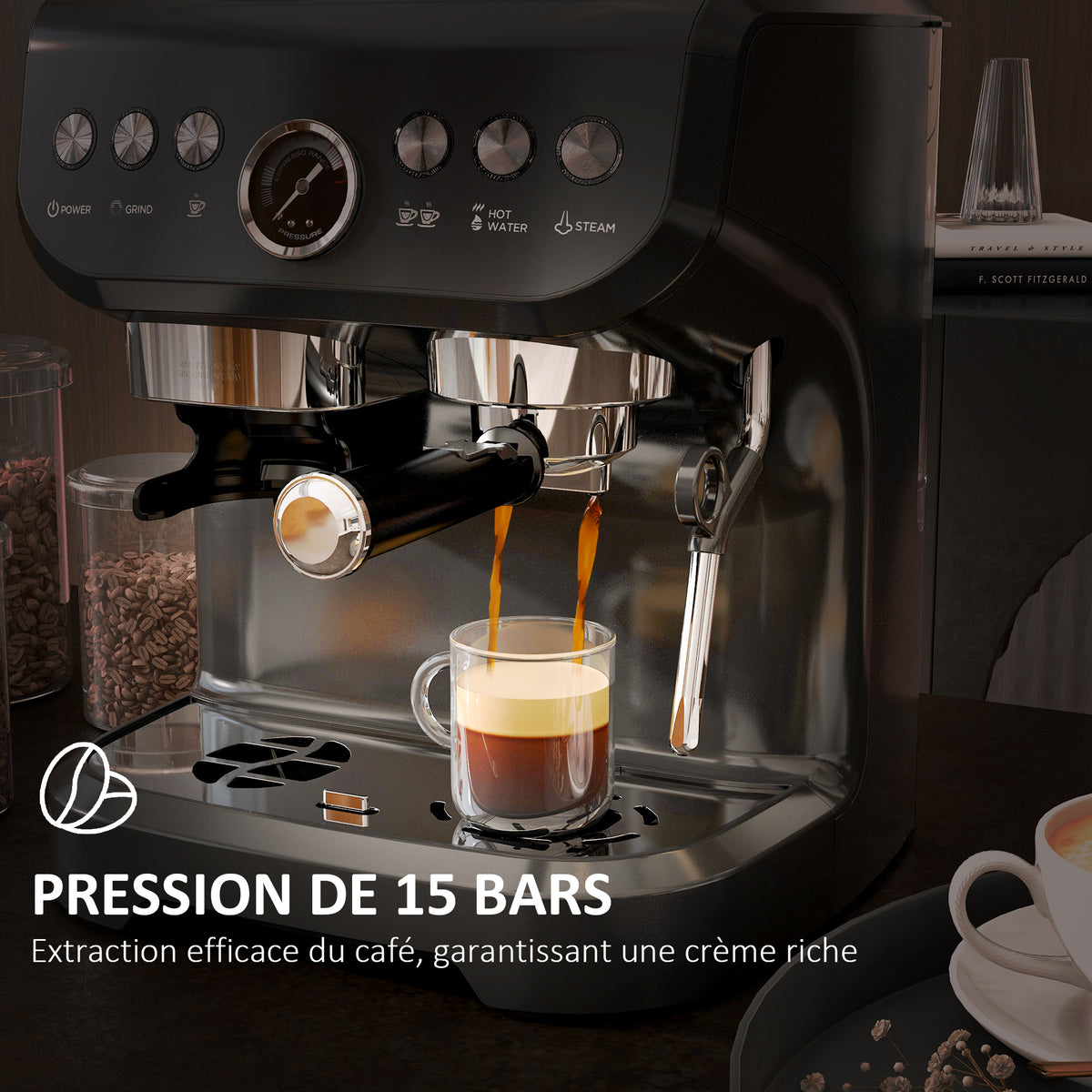 Espressomaschine 1600 W mit Mahlwerk, Dampfdüse, italienischer 15-Bar-Pumpe, 2-L-Wassertank, schwarz