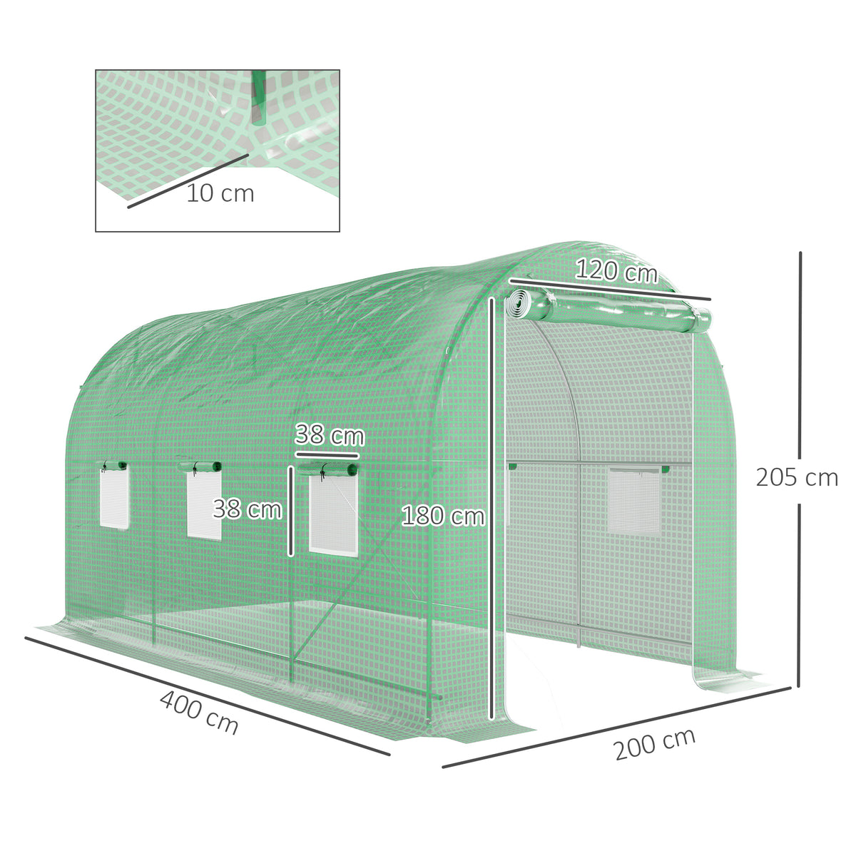 Serra da giardino a tunnel, superficie a terra 8 m², 4L x 2P x 2,05A m, telaio tubolare, porta con cerniera, 6 finestre avvolgibili, verde