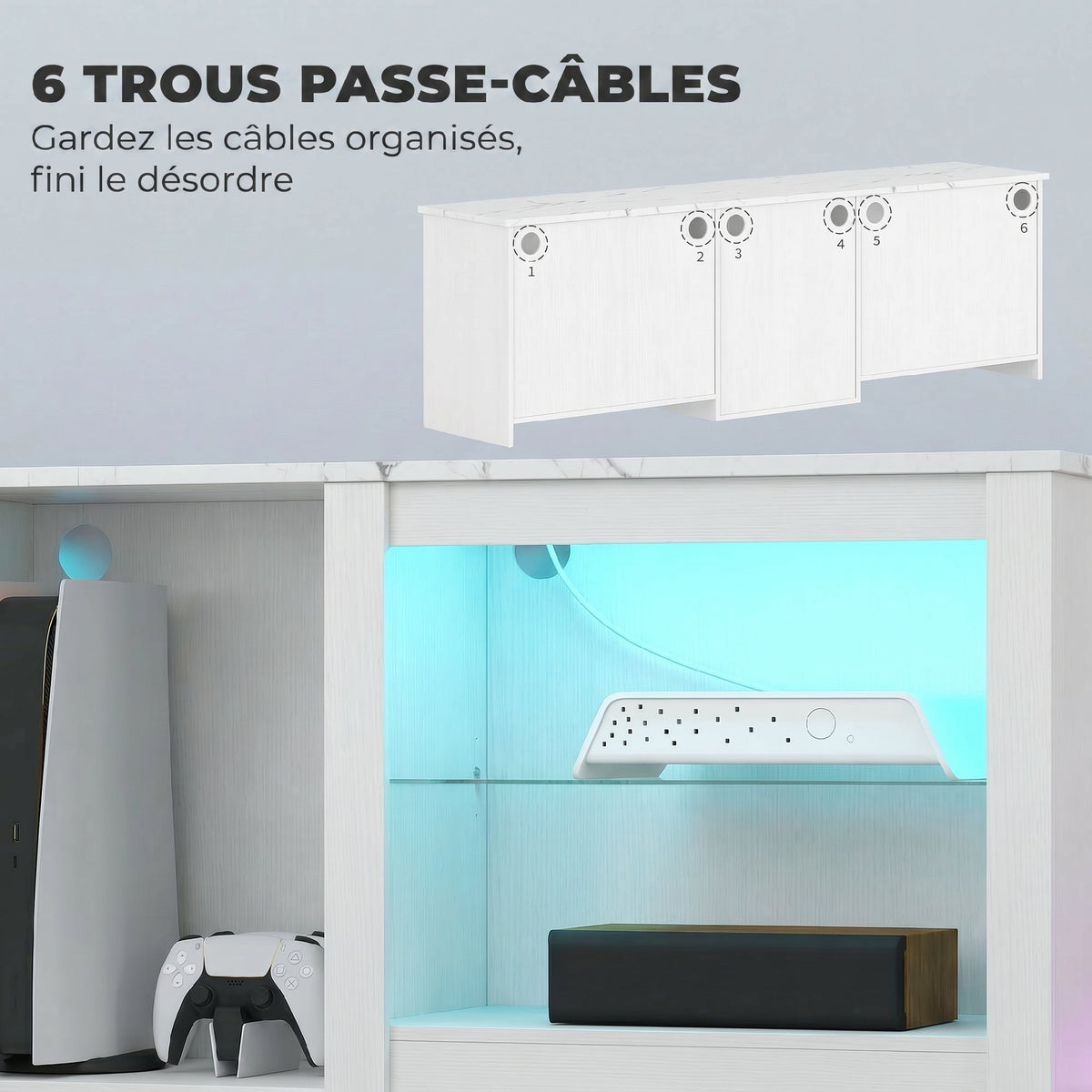 Meuble TV avec éclairage LED pour télévision jusqu'à 70 pouces, 160cm avec étagères en verre réglables, blanc