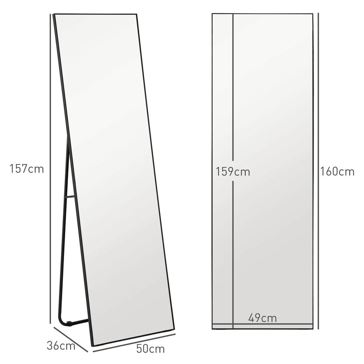 Grand miroir pleine longueur rectangulaire, 50 x 160 cm, miroir sur pied, mural ou pocé contre mur, noir