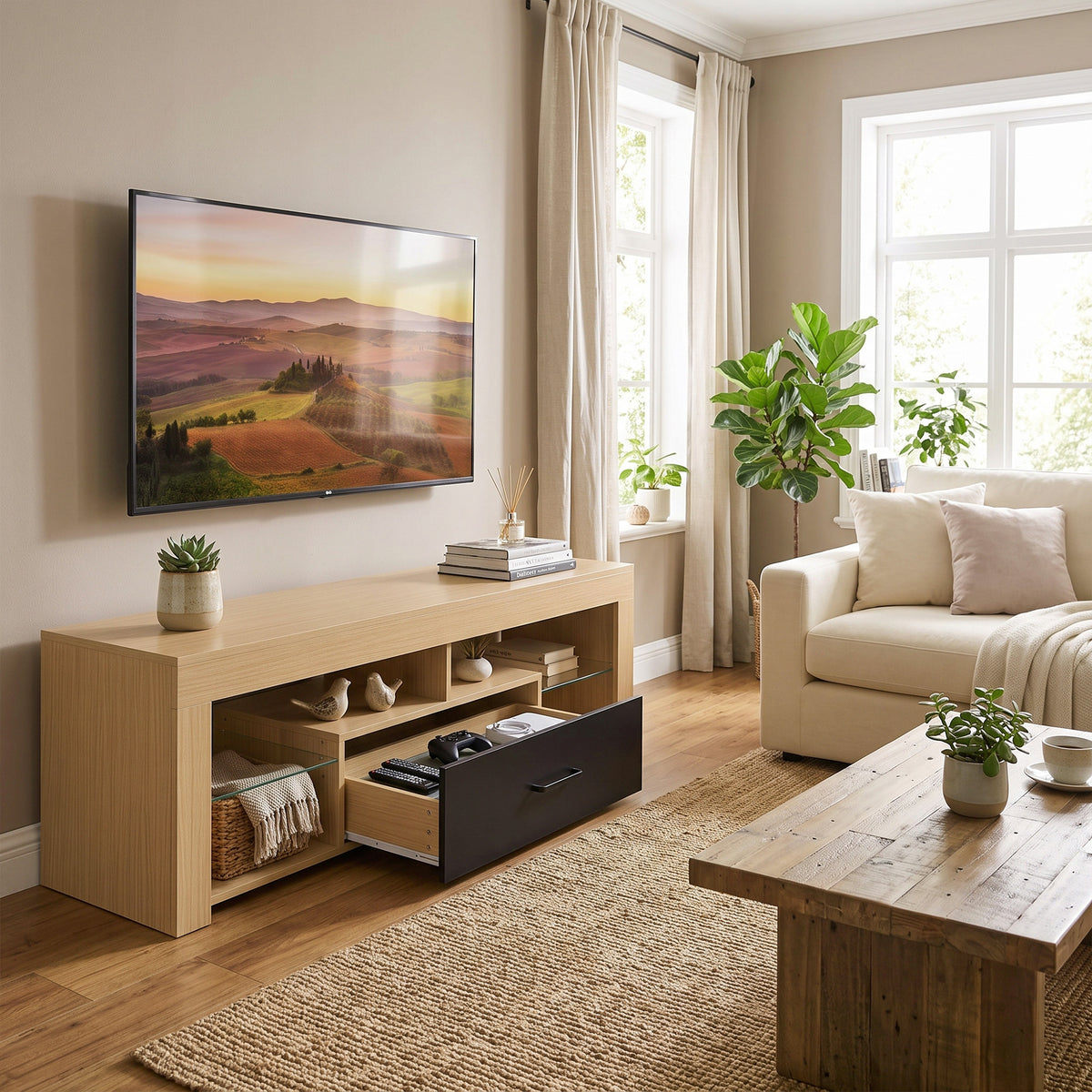 Meuble TV 140 cm, Meuble Télé pour 65 Pouces avec Étagères en Verre Réglables, Tiroir et Compartiments Ouverts, Chêne