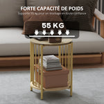 Table d'appoint, bout de canapé à 2 niveaux avec étagère de rangement et cadre en acier, Ø 41 x 49 cm effet bois naturel