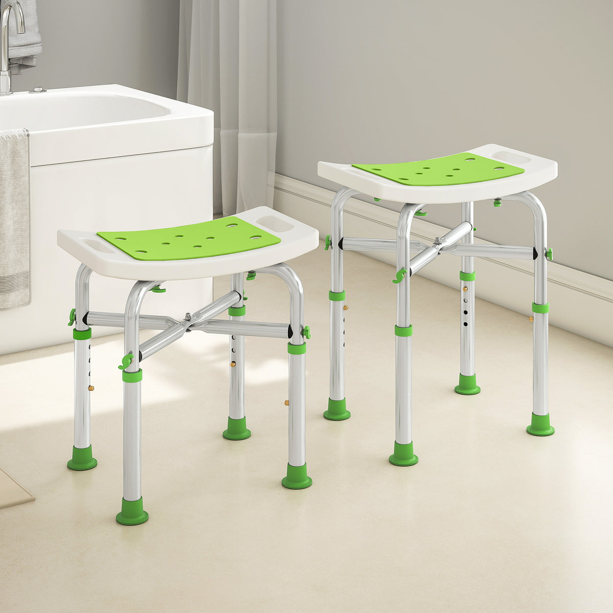 Tabouret de douche chaise de douche - assise rembourré et réglable, patins à ventouses antidérapants, en aluminium vert