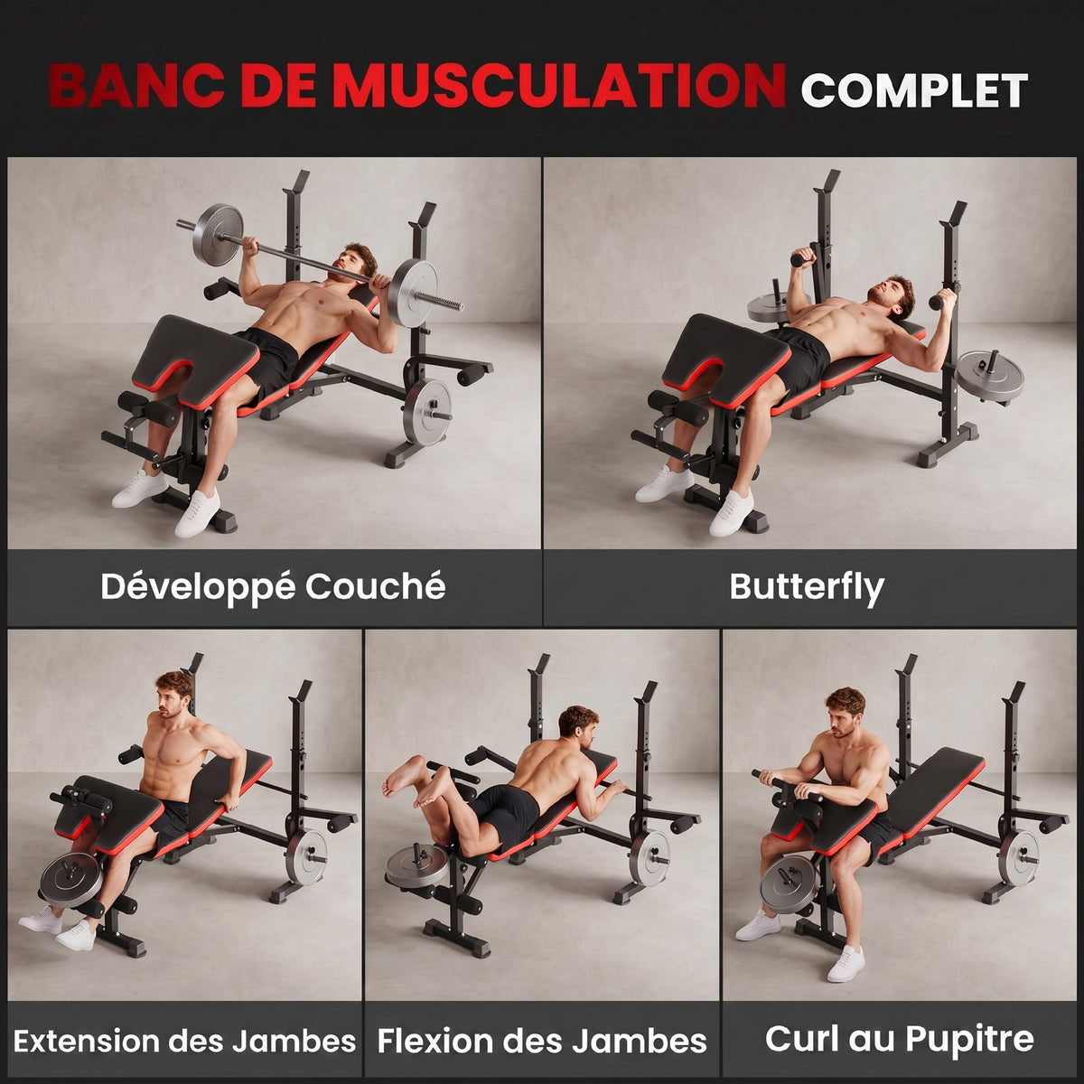 Banc de musculation Fitness entrainement complet avec support d'haltères dossier réglable acier 175 x 139 x 127 cm noir