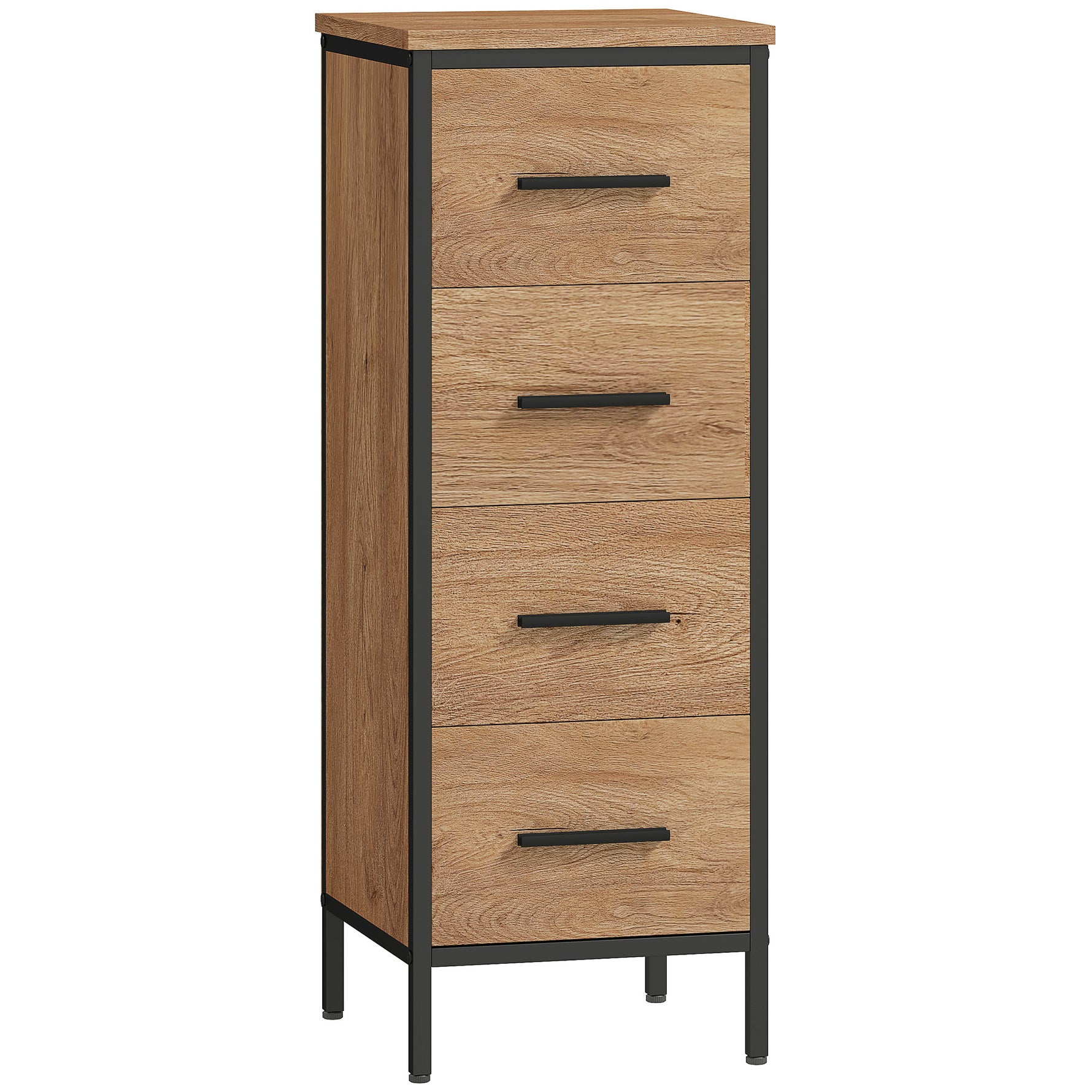 Meuble de salle de bain étroit avec 4 tiroirs et structure en acier, 30 x 30 x 82 cm, chêne