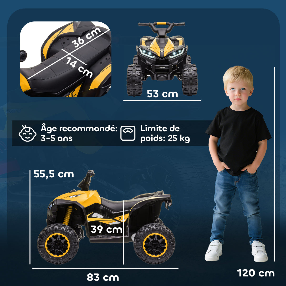 Quad électrique enfant 12 V, voiture électrique enfants 2 moteurs 2 vitesses 3-6 km/h, phares LED, klaxon, pour enfant de 3 à 5 ans, poignée et selle ergonomique, jaune