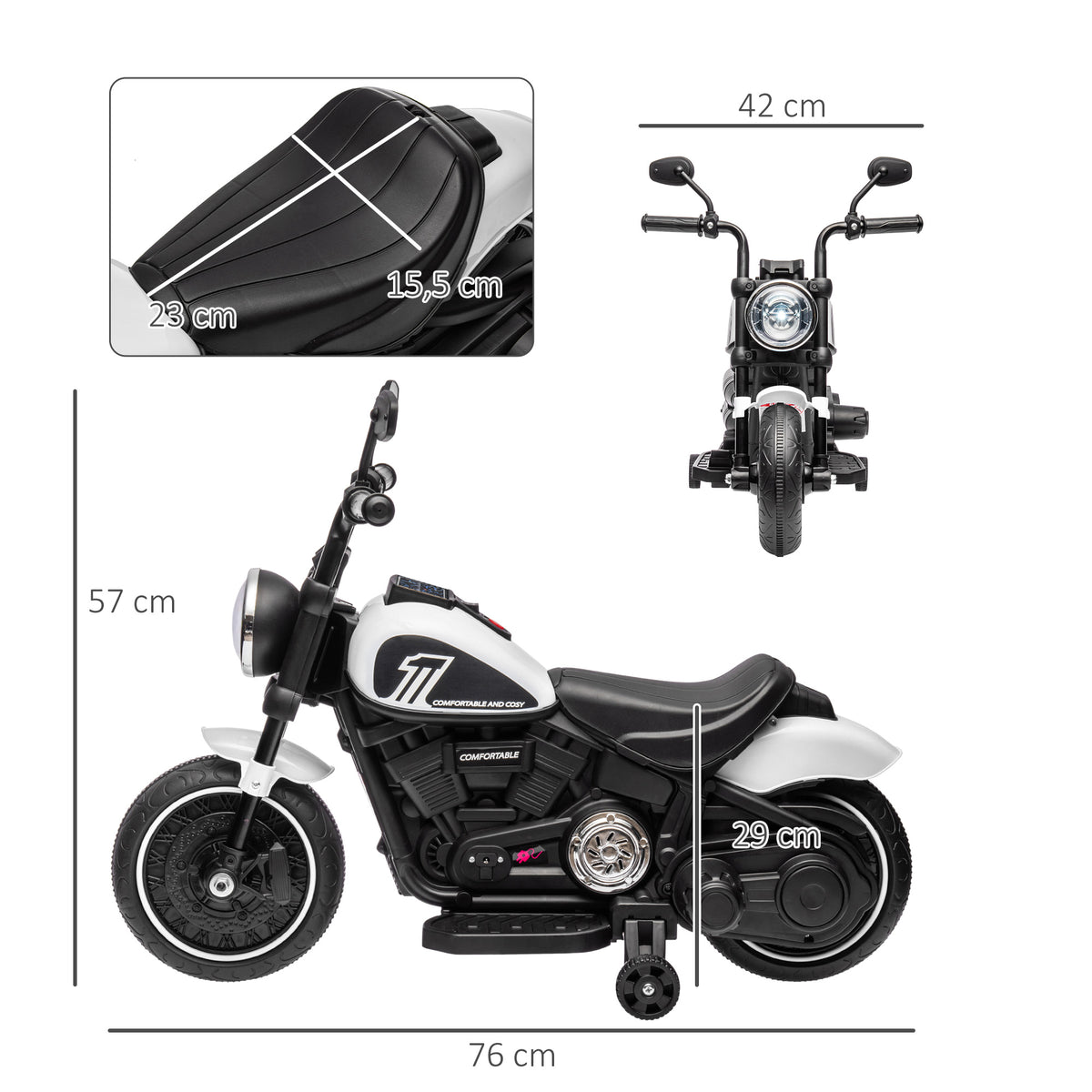 Electric motorcycle for kids 3 km/h 6V with LED headlight, 2 training wheels, for ages 18-36 months, with powerful motor, white