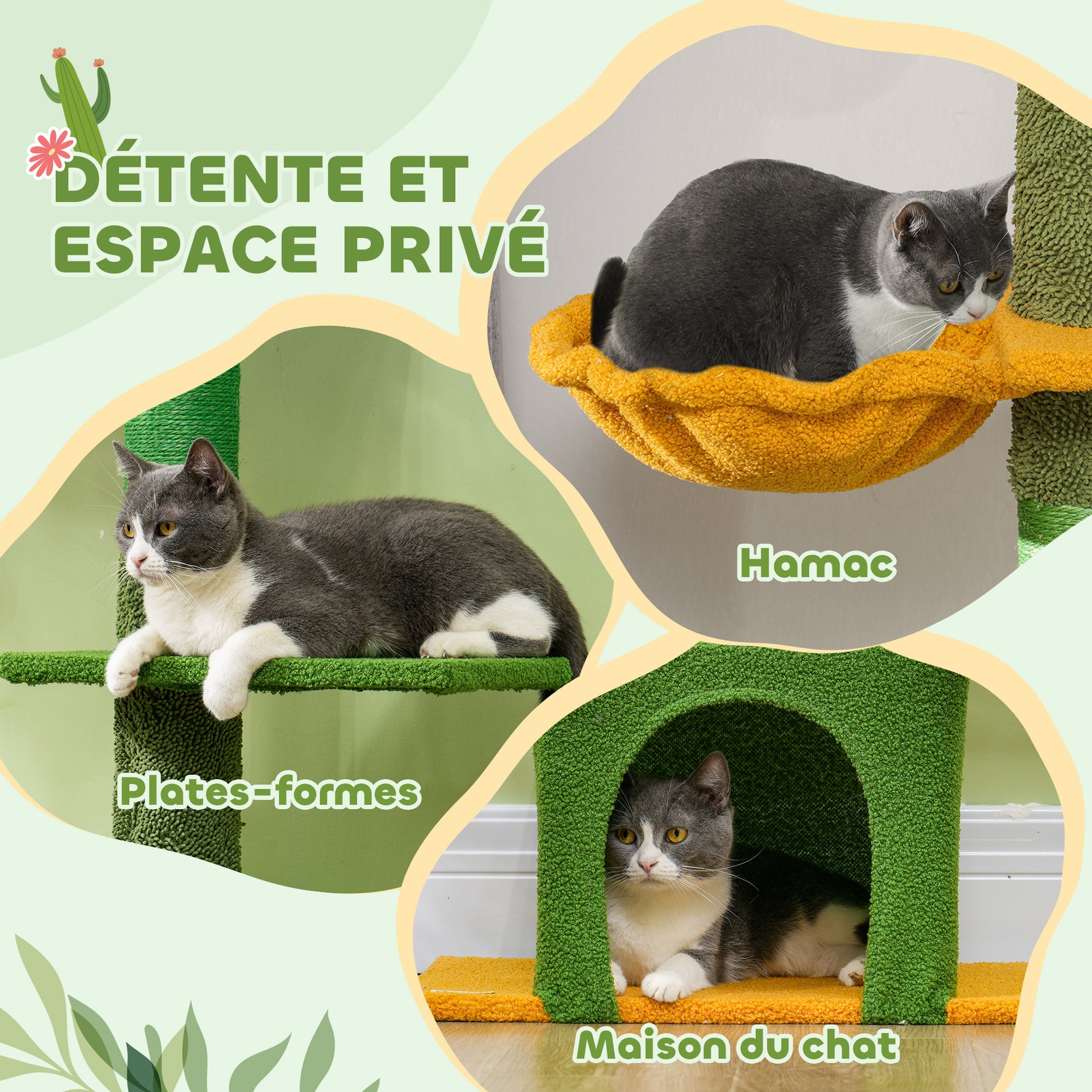 Arbre à chat, hauteur 275cm, 6 niveaux pour chat d'intérieur, du sol au plafond, avec plate-formes, niche, hamac, vert