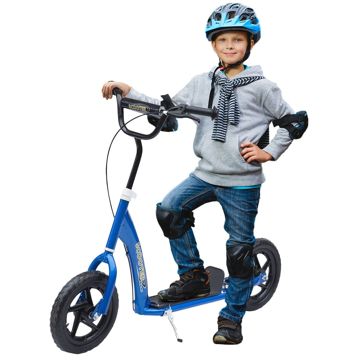 Kinderroller Tretroller 30 cm Luftreifen, höhenverstellbarer Lenker, Handbremse und Ständer, Stahl, für Kinder ab 5 Jahren, Blau