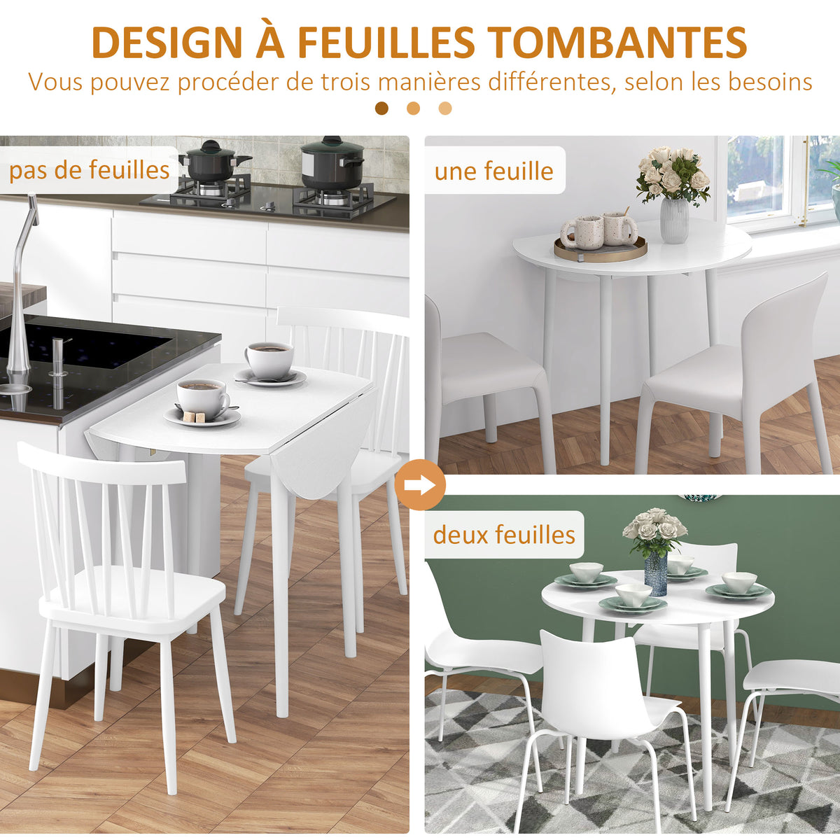 Table de salle à manger pliante 2 abattants, table ronde extensible pour 4 personnes, pieds en bois Ø 89 x 73,5 cm, blanc
