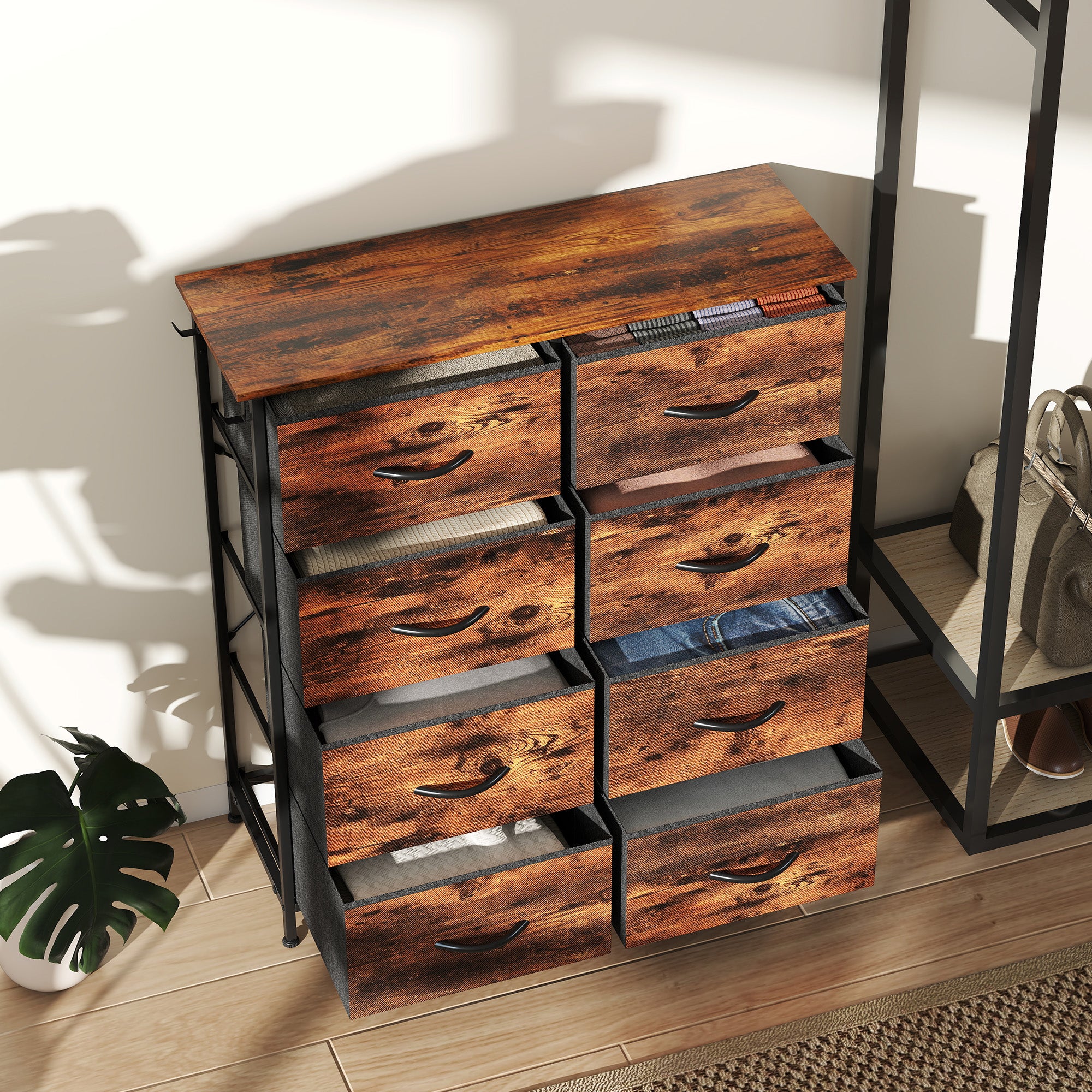 Commode 8 tiroirs en tissu, meuble de rangement, 4 poches, 2 crochets, structure en acier, 86x30x94,5cm, brun rustique