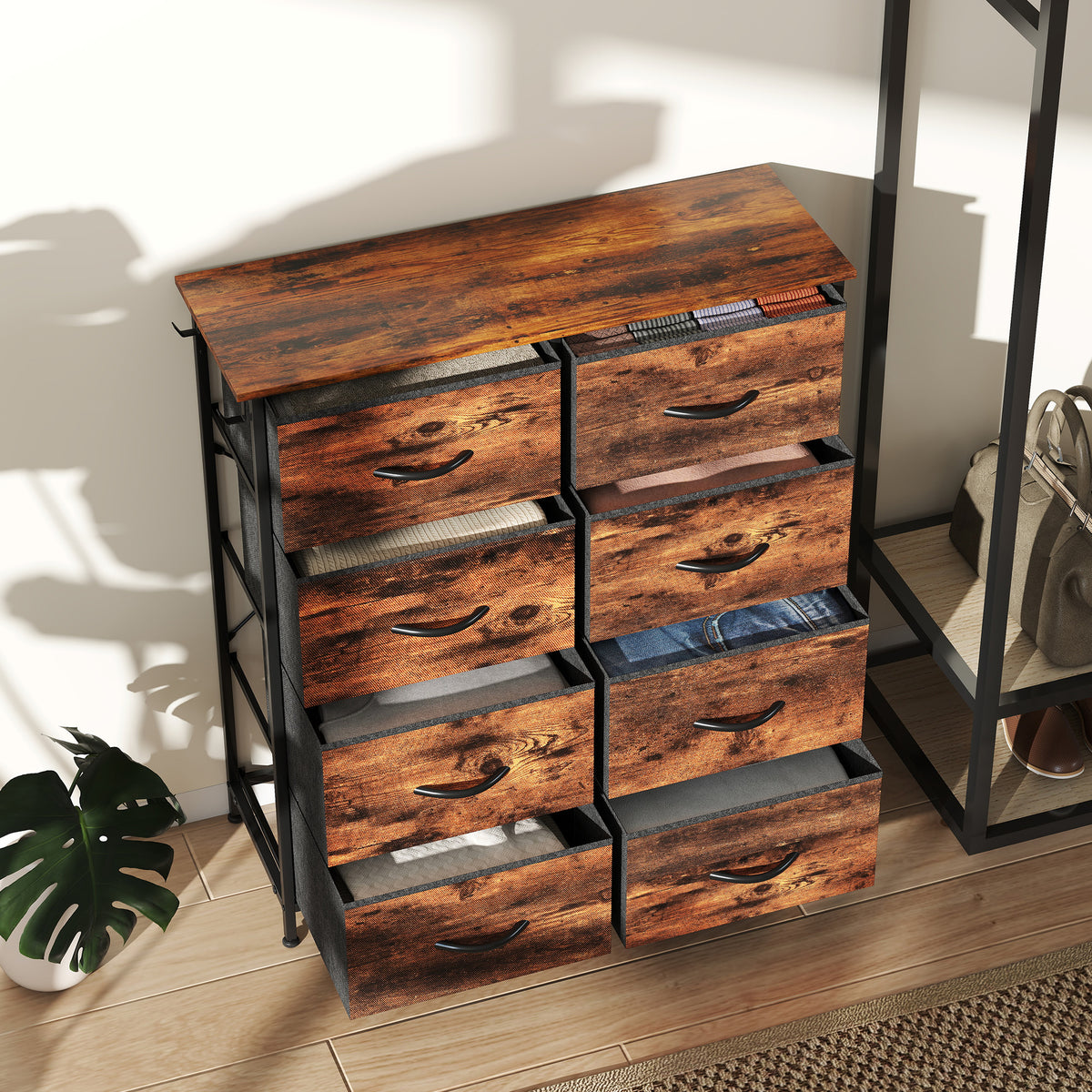 Commode 8 tiroirs en tissu, meuble de rangement, 4 poches, 2 crochets, structure en acier, 86x30x94,5cm, brun rustique