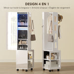 Armoire à bijoux armoire avec miroir sur pied pivotante à 360° éclairage LED 37x40x165,5cm cadre blanc, doublure noire