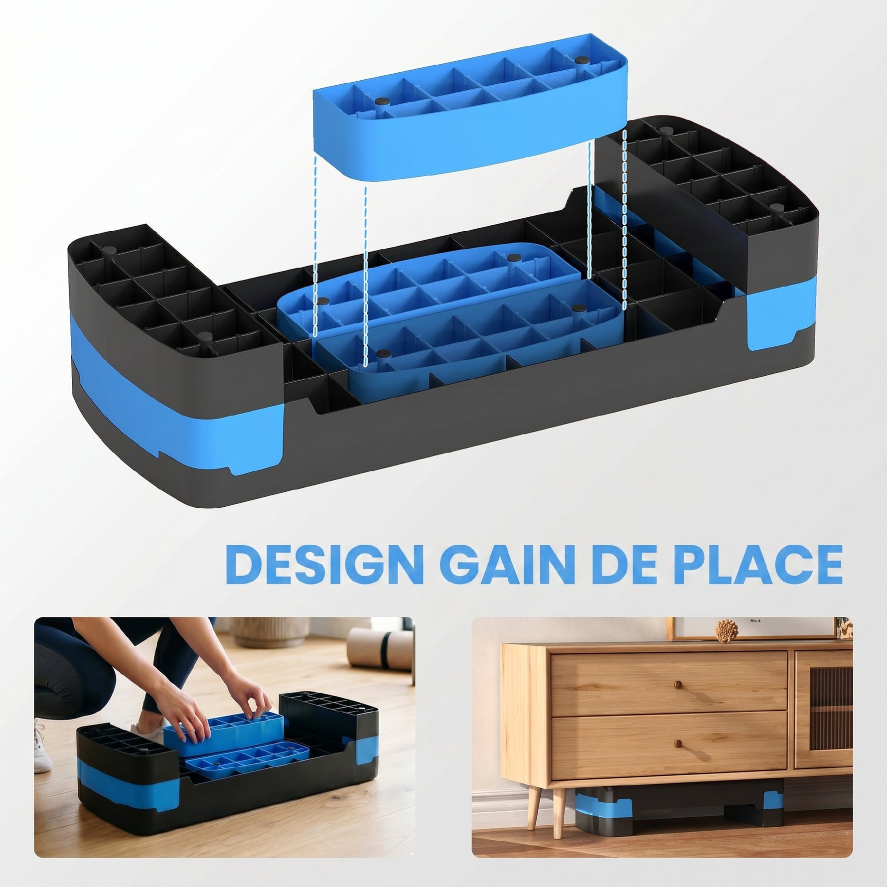 Stepper Fitness Aérobic 3 Niveaux, Hauteur Réglable 10/15/20 cm avec Rehausses, Surface Antidérapante, 68x29x20cm, Bleu