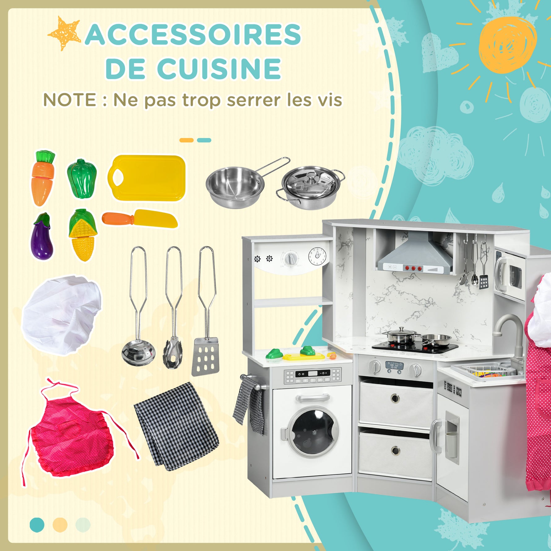 Cuisine enfant en bois avec 17 accessoires légumes en plastique boutons et lumières toque 3-6 ans gris blanc