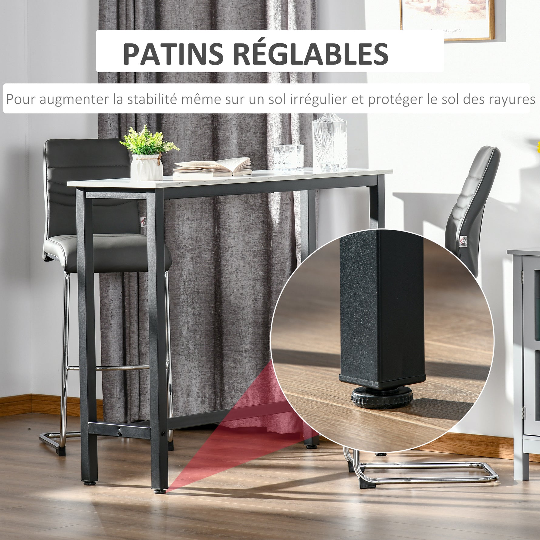 Table de Bar Table Haute de Cuisine Mange-debout - dim. 120L x 40l x 100H cm - châssis piètement Acier, Plateau Aspect marbre Blanc