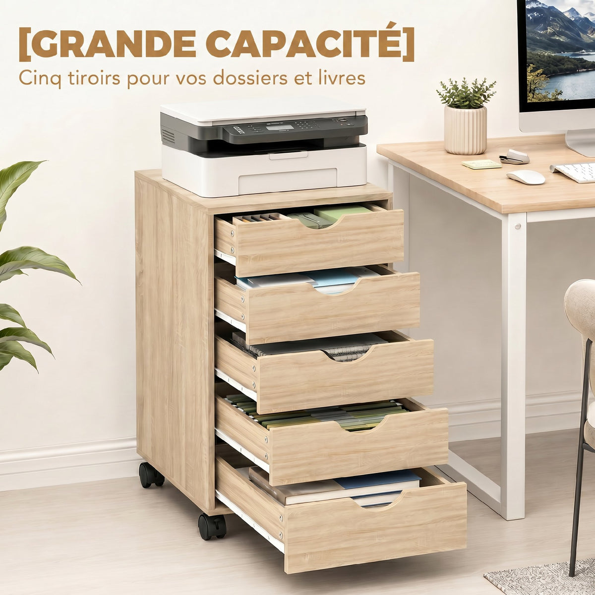 Caisson bureau mobile, meuble rangement sur roulettes avec 5 tiroirs, bois, 40 x 40 x 67 cm, chêne