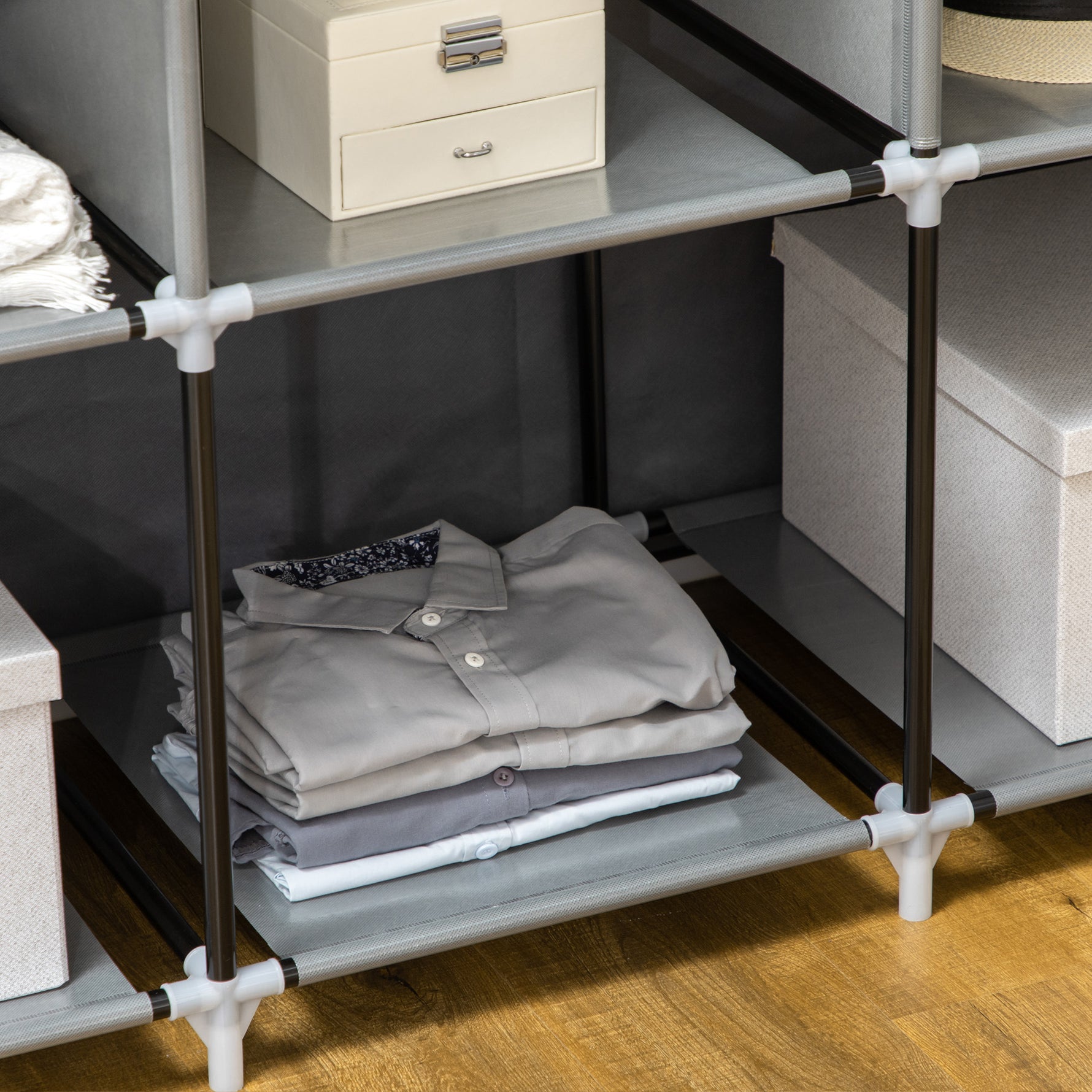 Armoire penderie multi-rangement - 8 étagères, 2 barres - non tissé gris