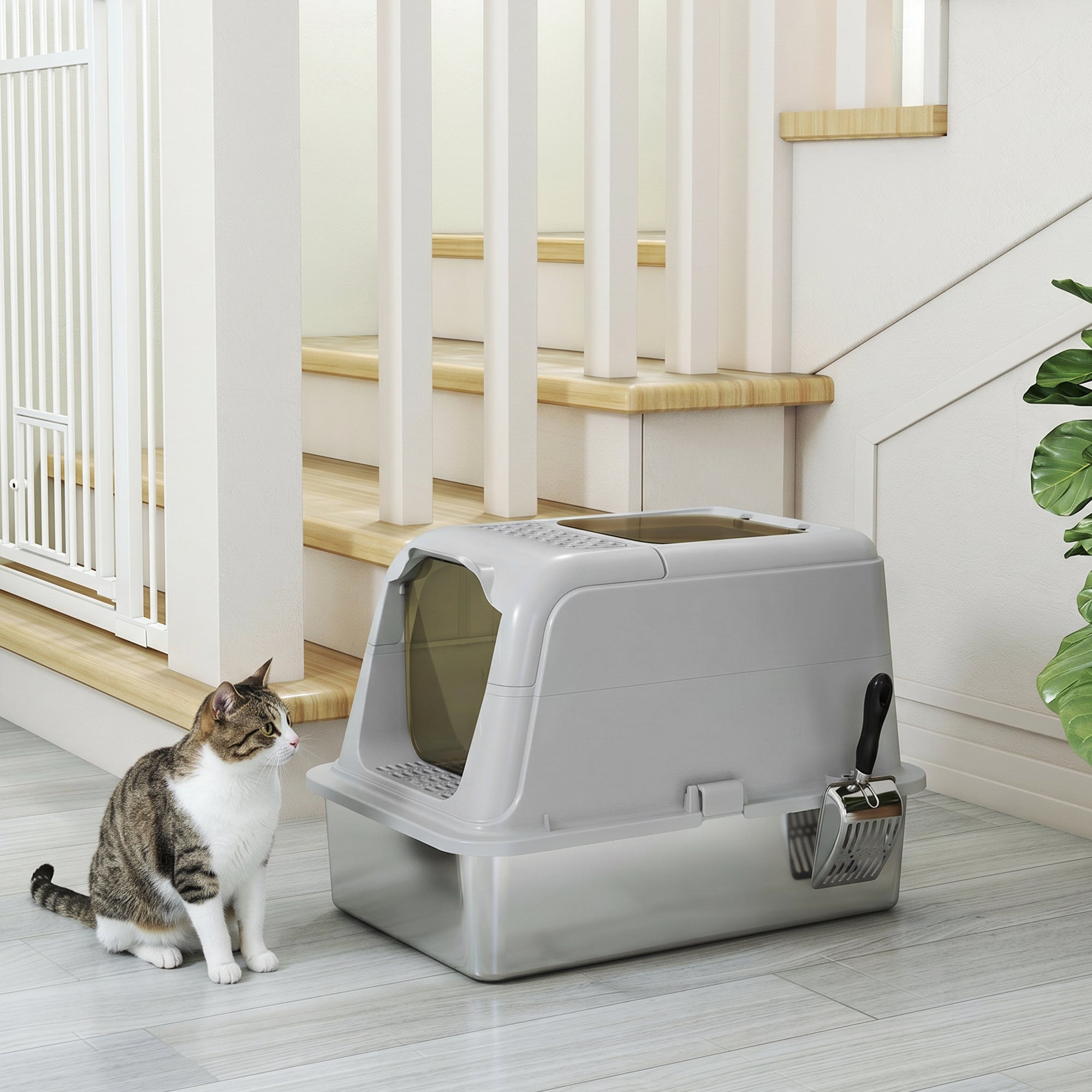 トイレ et Cassetta Igienica per Gatti Chiusa con Vaschetta in Acciaio Inox, Facile da Pulire, 60,4x40,4x41,8 cm, Grigio Chiaro