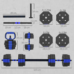 Set di manubri per bodybuilding 6-in-1, manubrio regolabile da 30 kg, kettlebell, bilanciere, supporto per flessioni, blu