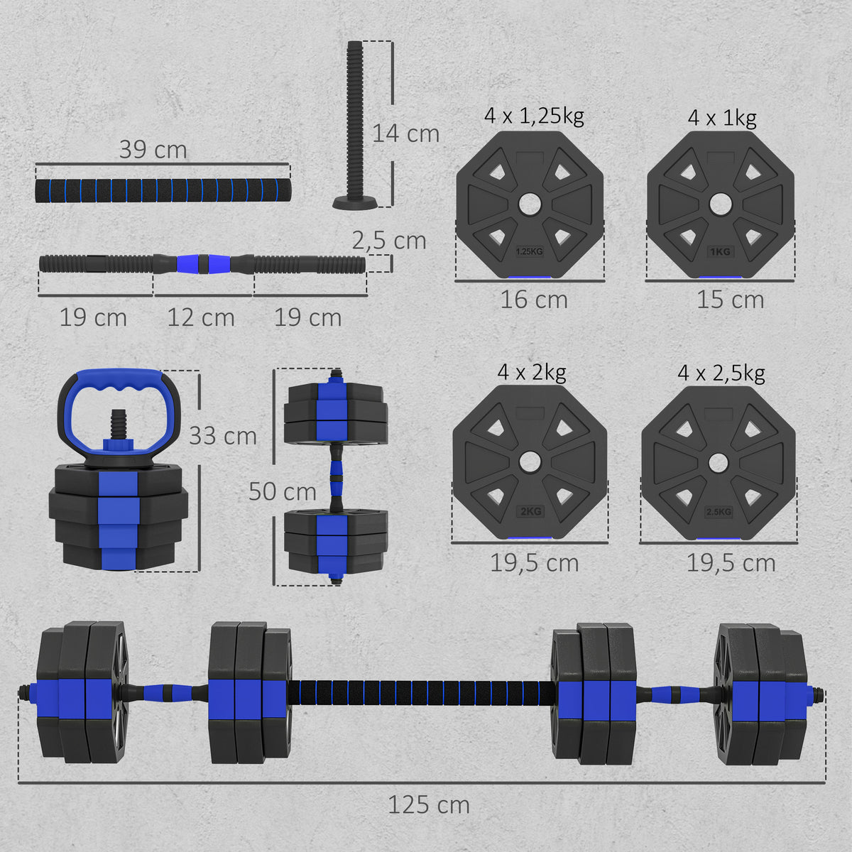 Set di manubri per bodybuilding 6-in-1, manubrio regolabile da 30 kg, kettlebell, bilanciere, supporto per flessioni, blu