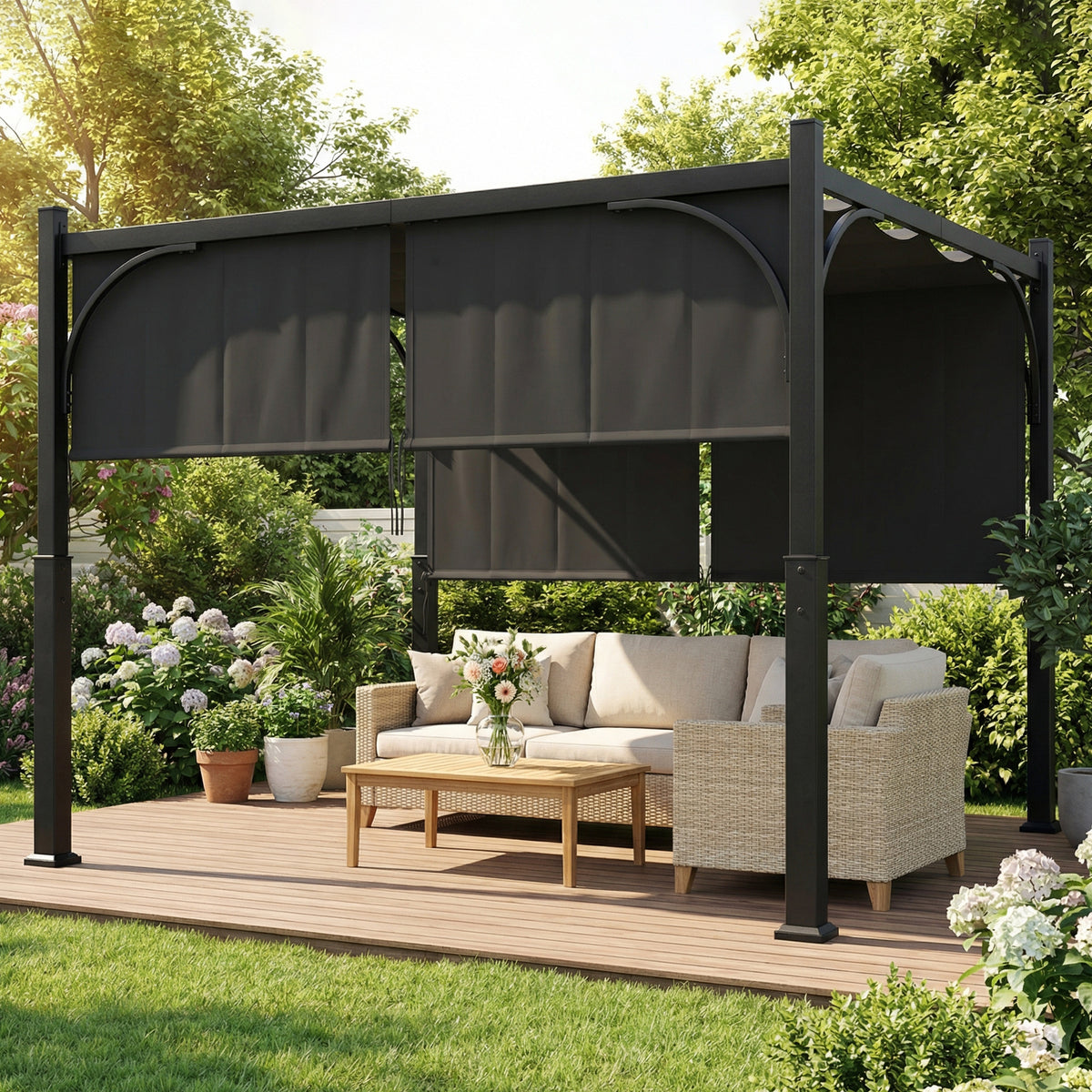 Pergola de jardin 3 x 3 m tonnelle de jardin avec Auvent coulissant, structure métallique, pour extérieur, Gris Foncé