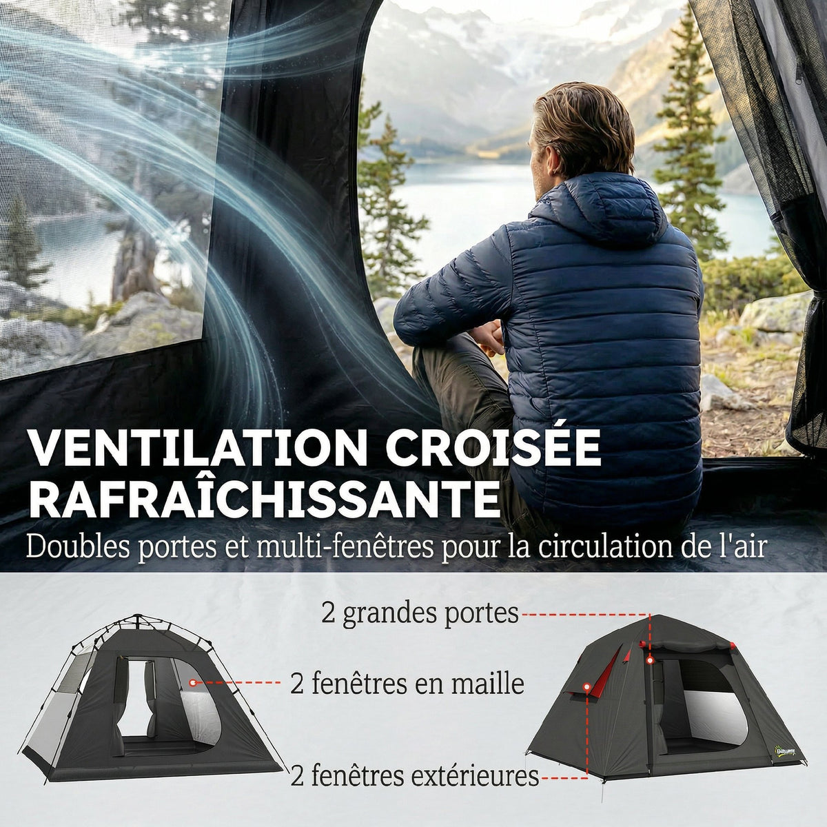 Tenda da Campeggio a Cupola 2 Persone 3-4 Stagioni Impermeabile 3000mm Montaggio Facile 2 Porte 210x210x150cm Grigio Scuro