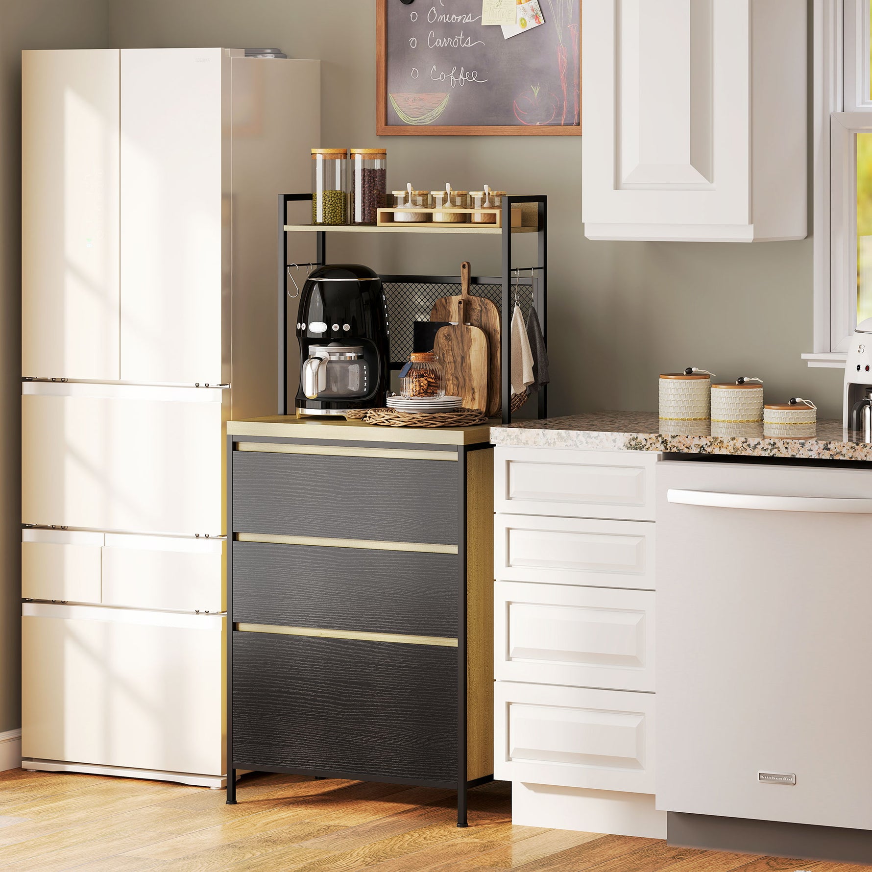 Armoire de cuisine style industriel avec 3 tiroirs, plan de travail, étagère et 4 crochets, 60x40x132cm