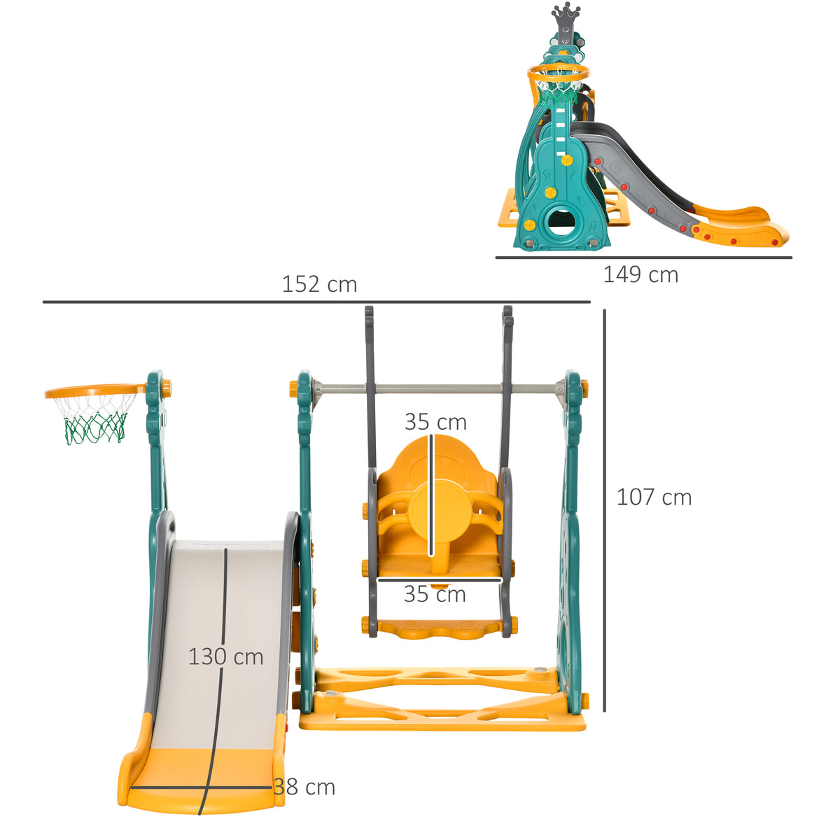 Toboggan et balançoire pour enfants 4 en 1 avec panier de basket, siège réglable, 152x149x107cm, bleu et jaune
