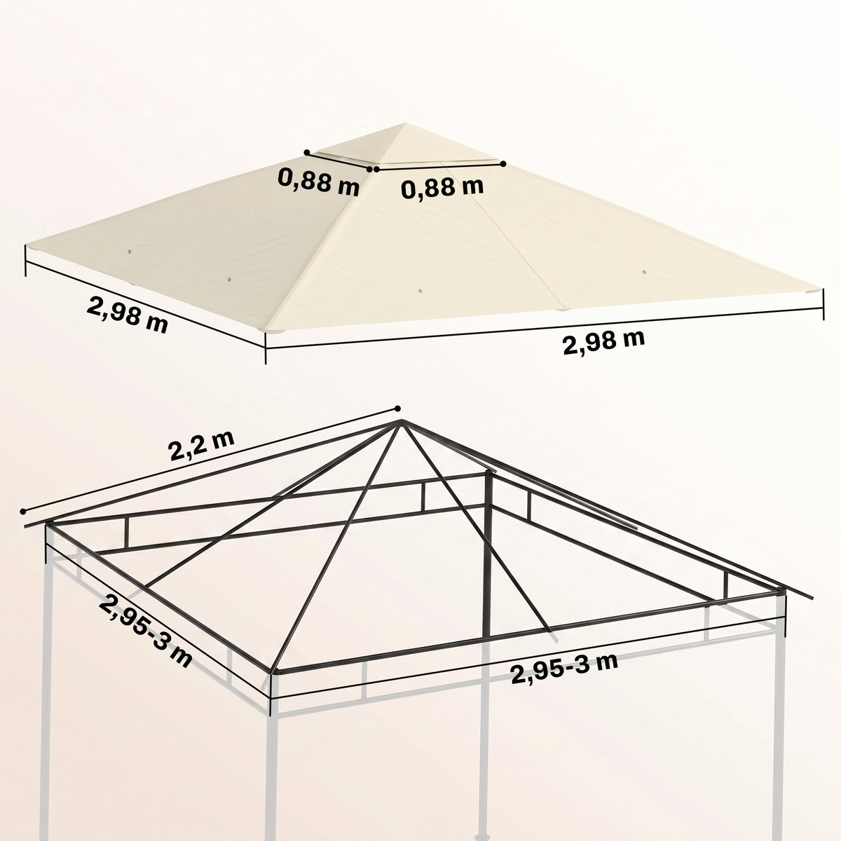 Toile de rechange pour pavillon tonnelle tente toit de remplacement gazebo de jardin polyester 180 g/m² 3 x 3 m crème