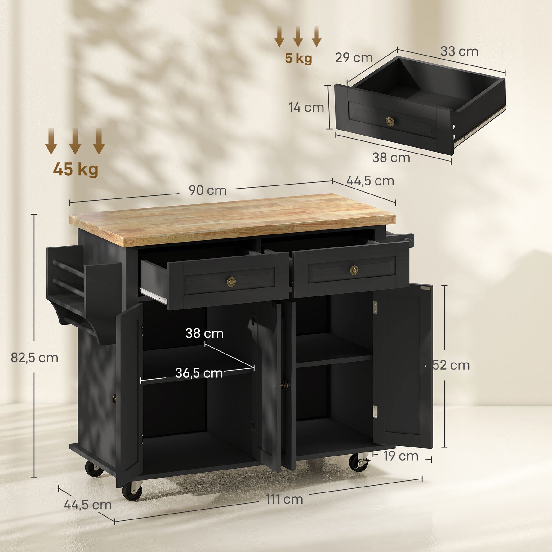Desserte ilôt de cuisine multi rangements 2 tiroirs 2 placard 2 portes avec étagère range-bouteille