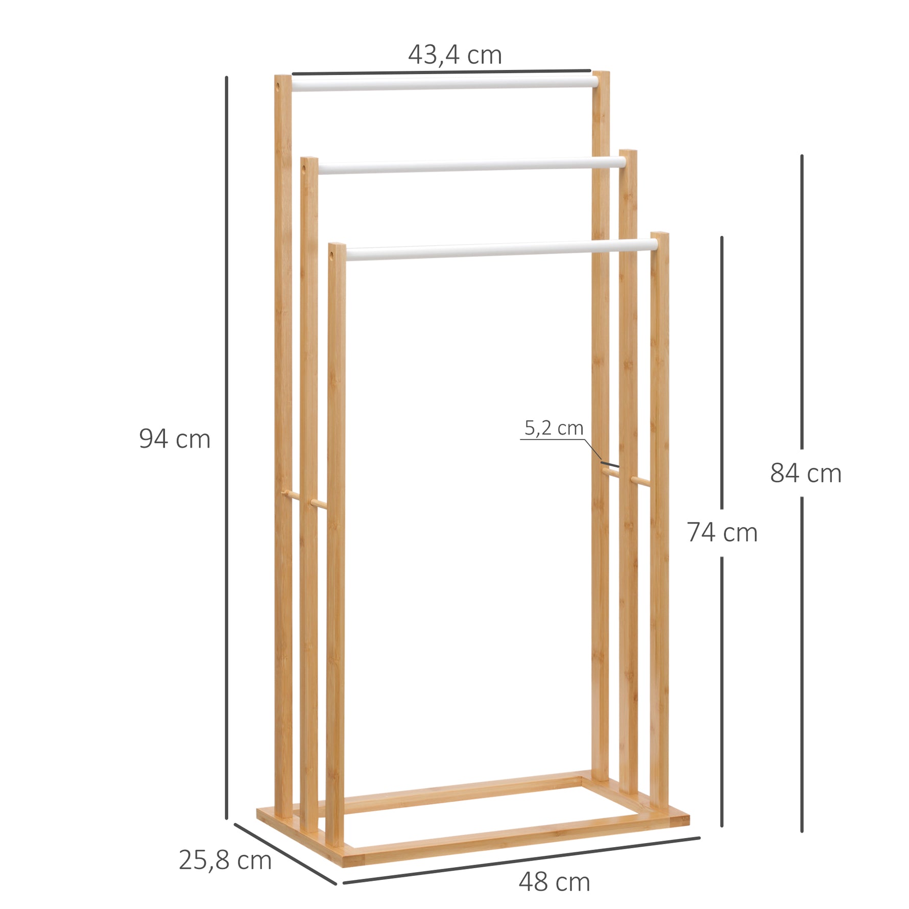 Porte-serviettes en bambou sur pieds avec 3 barres support pour serviette étagère de salle de bain - 48 x 25,8 x 94 cm