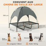 Lit Chien Sureleve avec Parasol, Lit de Camp Chien Chat sur Pieds Tissu Oxford Respirant, Anti-UV Cadre en Métal Sac de Transport Inclus Couchage Extérieur pour Chat 122 x 92 x 108 cm Gris Noir
