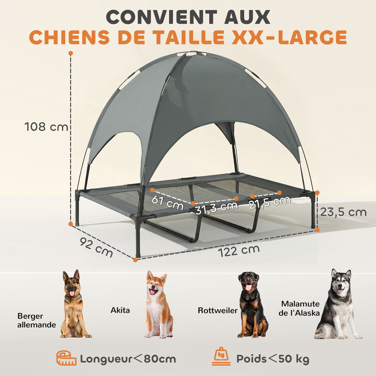 Lit Chien Sureleve avec Parasol, Lit de Camp Chien Chat sur Pieds Tissu Oxford Respirant, Anti-UV Cadre en Métal Sac de Transport Inclus Couchage Extérieur pour Chat 122 x 92 x 108 cm Gris Noir