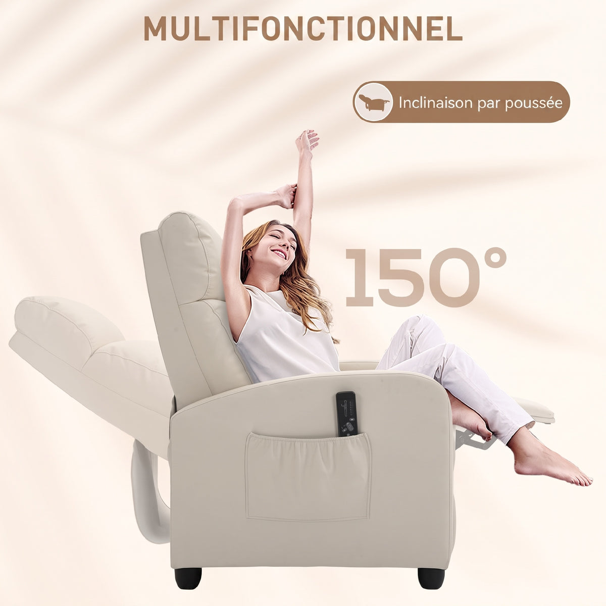 Fauteuil de Relaxation et Massage avec Inclinaison Manuelle Dossier Repose-Pied réglable revêtement synthétique Crème