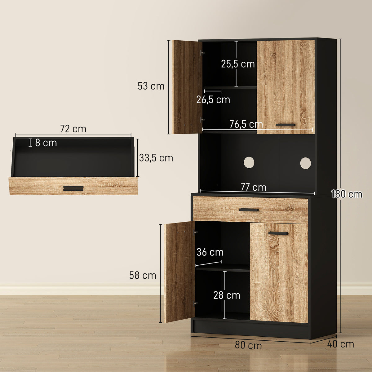Armario de cocina tipo aparador, mueble de almacenamiento, 2 armarios, 4 puertas, 1 cajón, pasacables, 80 ancho x 40 profundo x 180 alto cm
