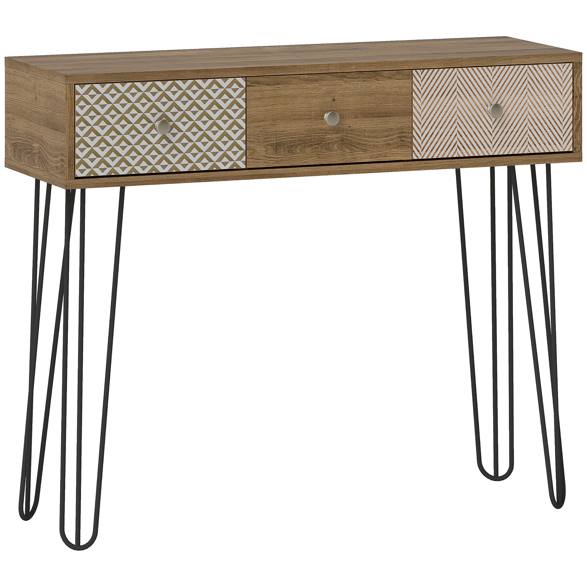 Table console avec 3 tiroirs, table d'entrée étroite avec pieds en épingle à cheveux en acier, 90 x 30 x 75 cm, marron