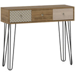 Table console avec 3 tiroirs, table d'entrée étroite avec pieds en épingle à cheveux en acier, 90 x 30 x 75 cm, marron