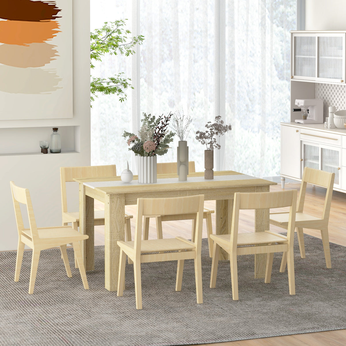 Table de salle à manger pour 6 personnes en bois aspect naturel et blanc, dim. 140L x 90l x 75H cm