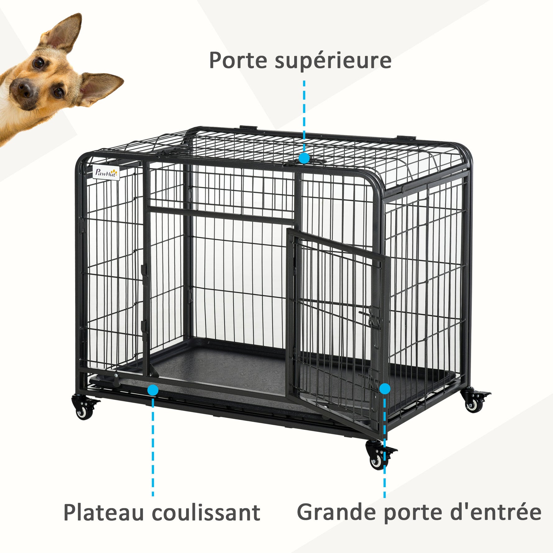 Cage pour chien pliable cage de transport sur roulettes 2 portes verrouillables plateau amovible dim. 94L x 58l x 69,5H cm métal gris noir