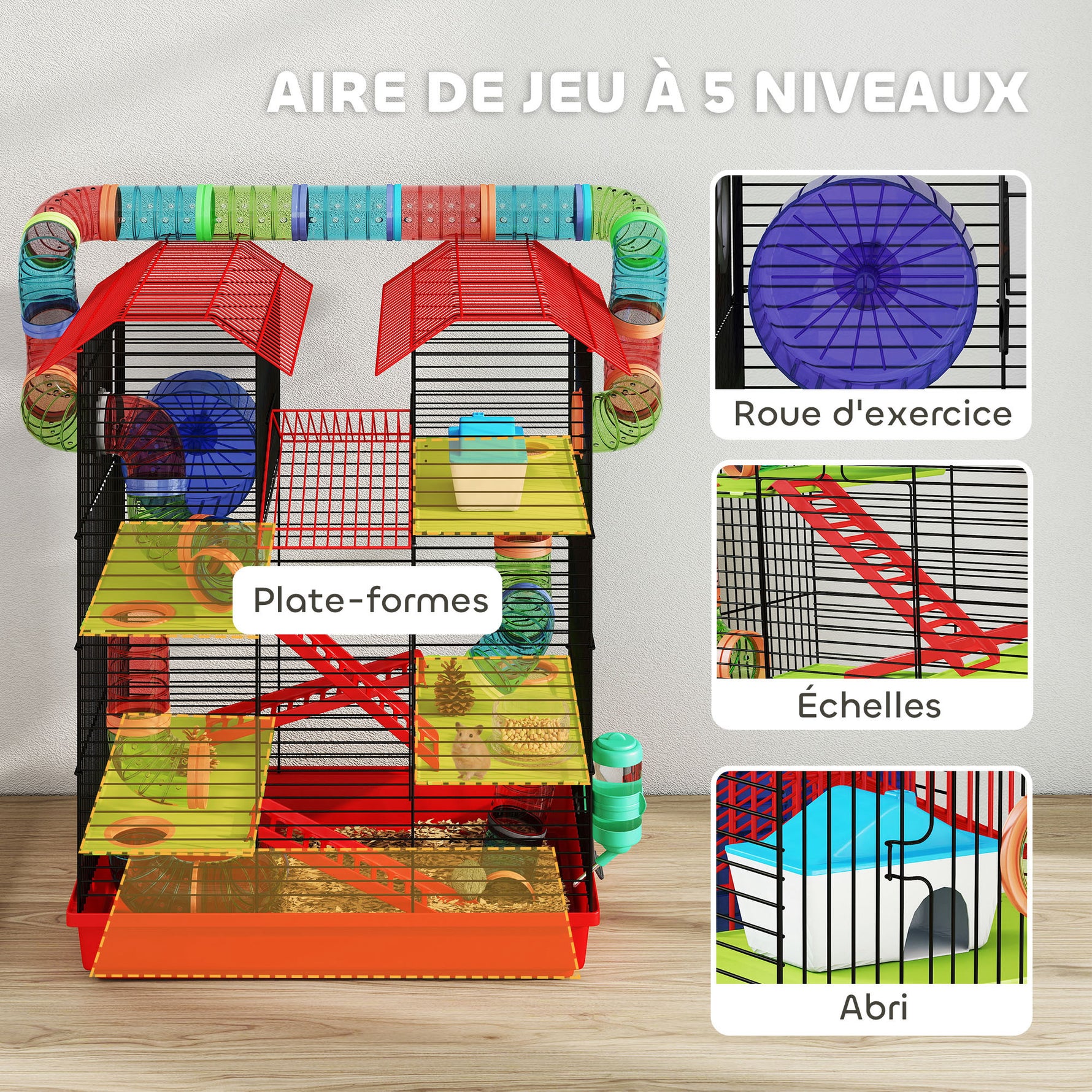 Cage pour hamster souris petit animaux rongeur avec tunnel mangeoire roue jouet 47 x 30 x 59 cm rouge