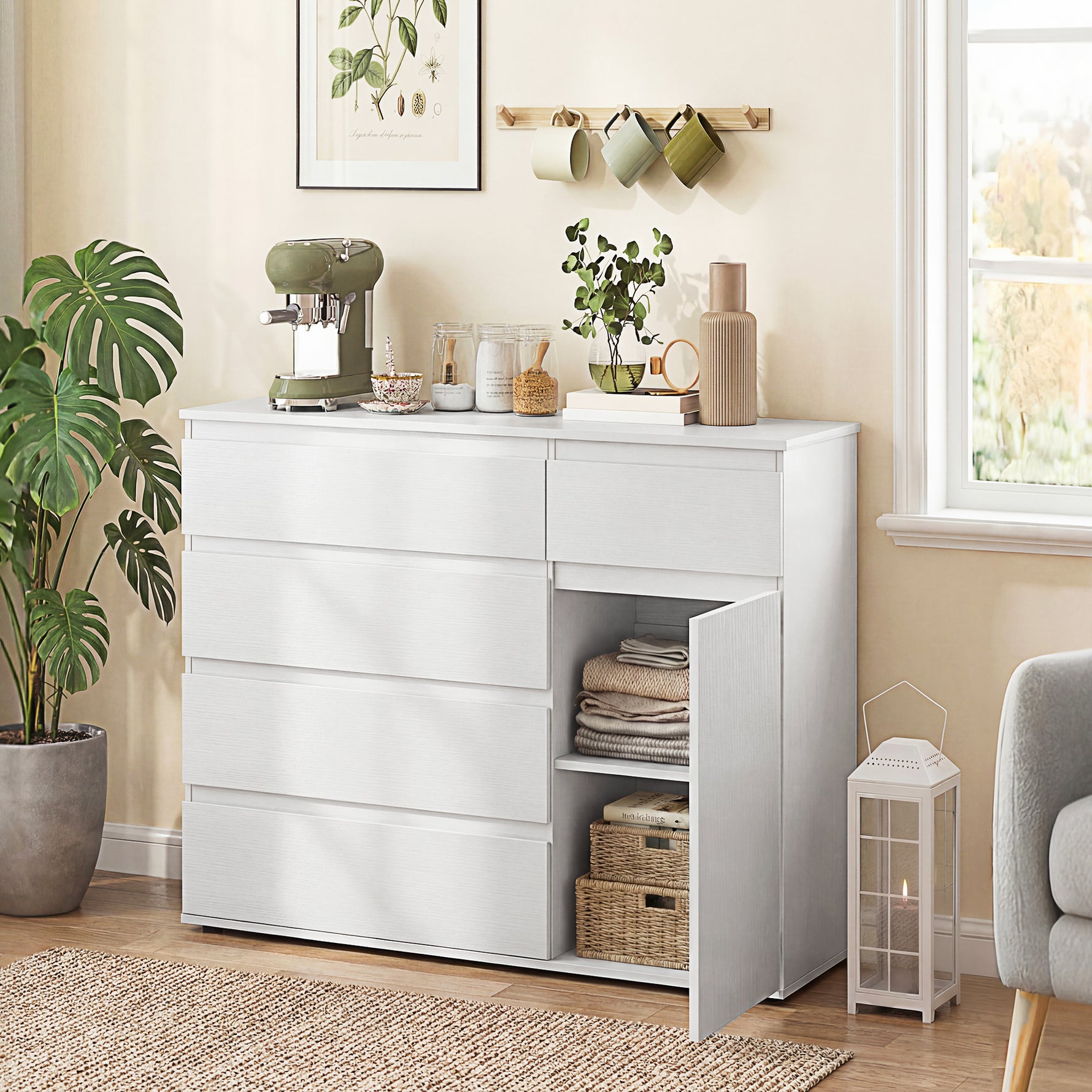 Commode 5 tiroirs, buffet salon, meuble de rangement, étagère réglable et porte à fermeture douce, 100x40x80cm, blanc