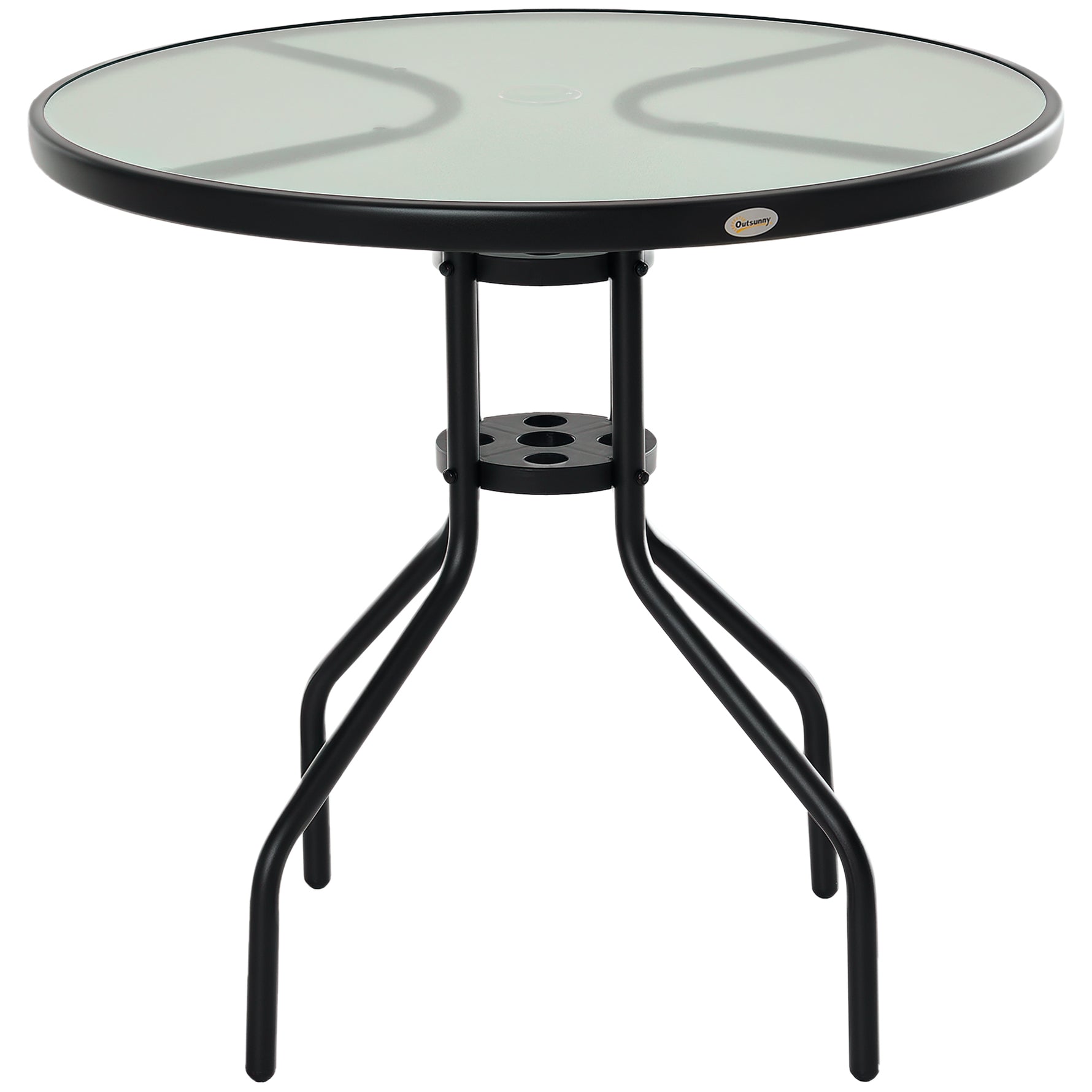 Table Ronde Bistro de Jardin Ø 80 x 72H cm Espace Installation Parasol Acier époxy Noir Plateau Verre trempé