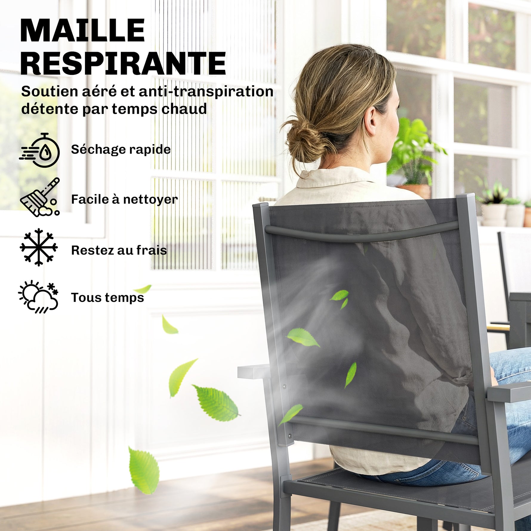 Salon de Jardin Ensemble Mobilier de Jardin 7 Pièces Table Effet Bois 6 Chaises Empilables en Textilène 140x80x72cm Gris