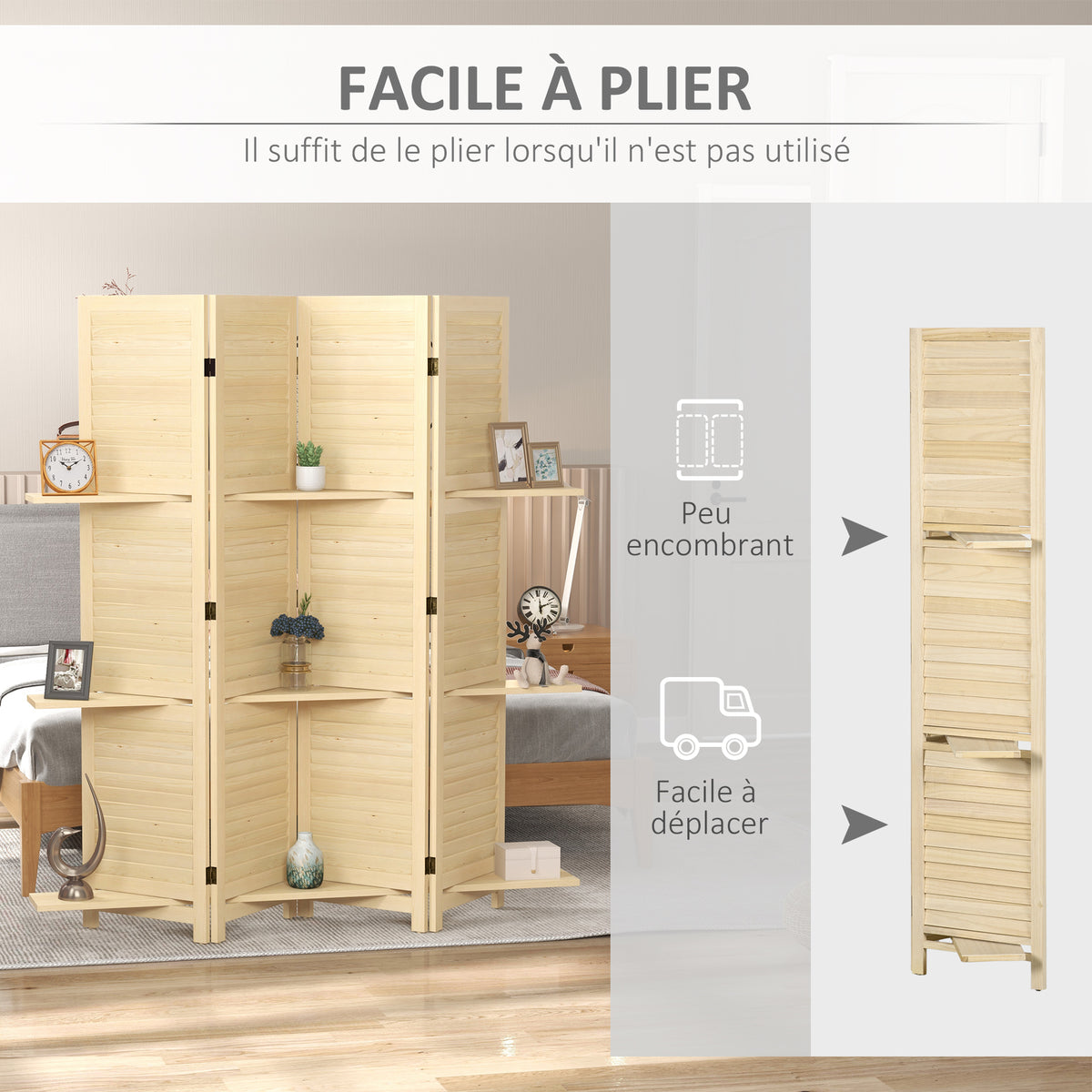 Paravent intérieur 4 panneaux 160L x 170H cm 3 étagères pliables séparateur de pièce portes persiennes naturel