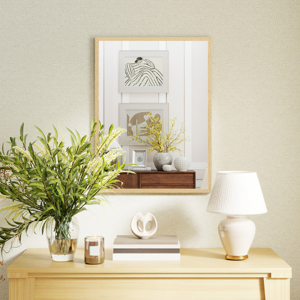 Miroir mural rectangulaire 80 x 60 cm, cadre en bois naturel, idéal pour la salle de bain, salon ou chambre