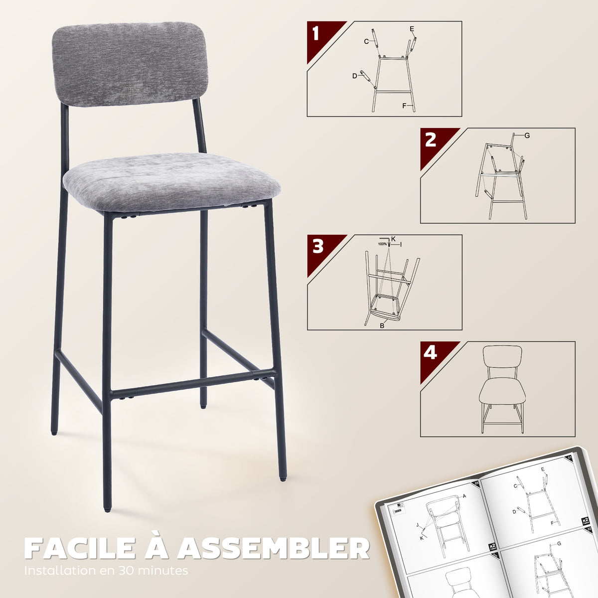 Lot de 2 tabourets de bar en tissu chenille, chaises de bar rembourrées, assise large, dossier haut, 45,5x48x101cm, gris