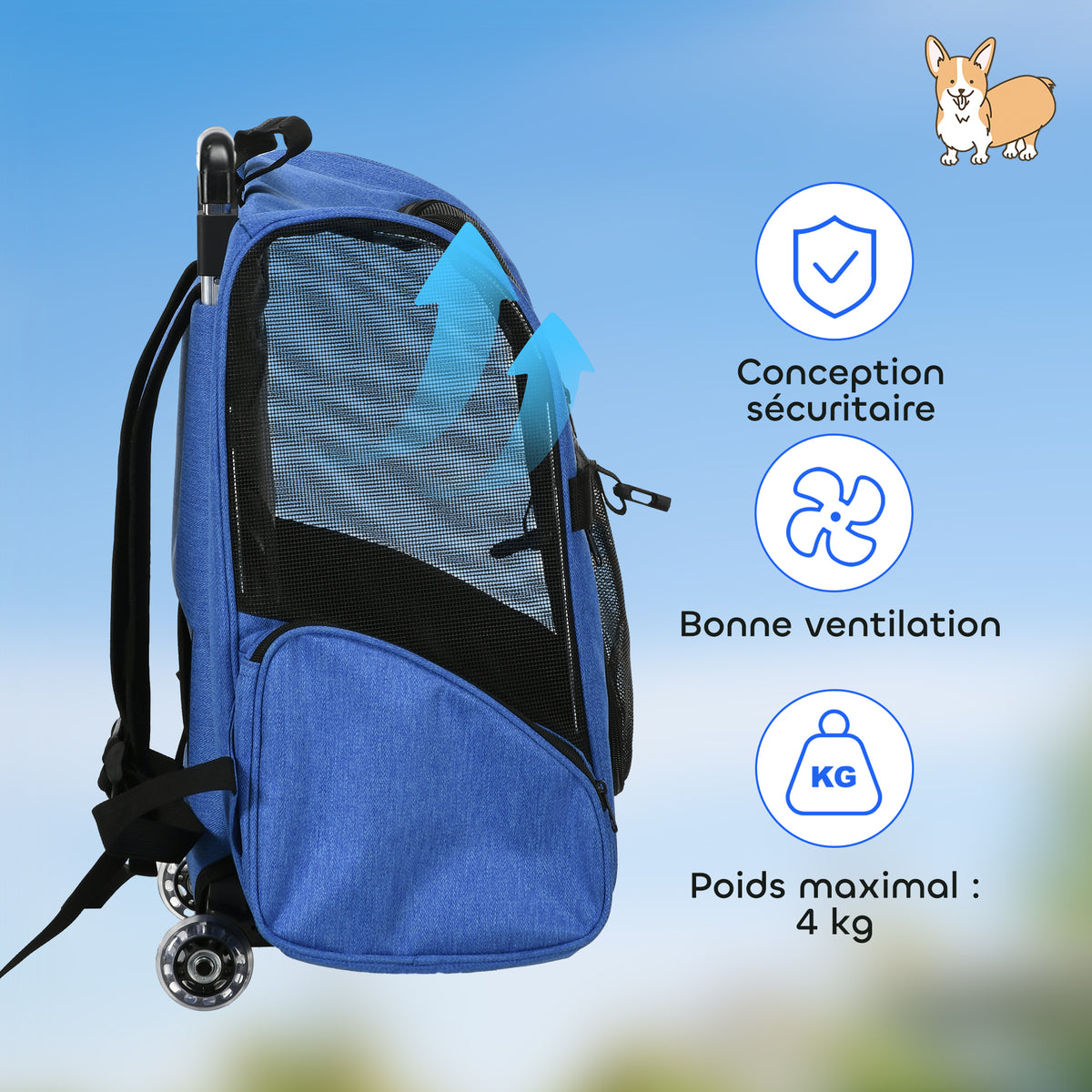 2-in-1-Hundetransporttasche mit Rollen, Trolley, Wagen und Rucksack für Hund und Katze mit Teleskopgriff, Aufbewahrungsfächern, Belüftungsöffnungen und Sicherheitsgurt, 42 x 25 x 55 cm, blau
